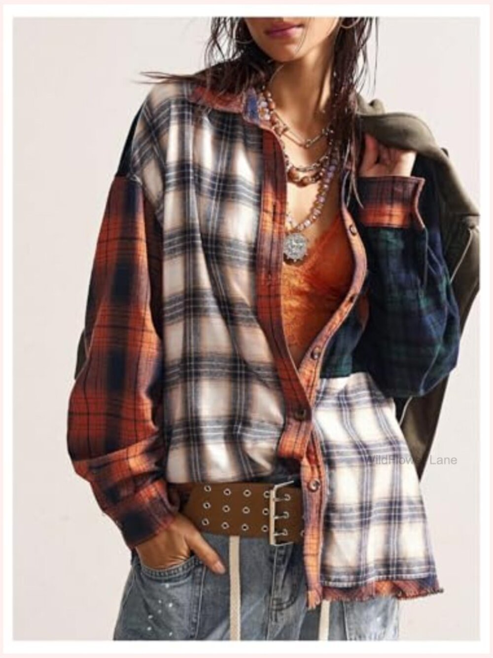 Oversized Plaid Button Down Blouse with Pockets - Picture 4 of 5